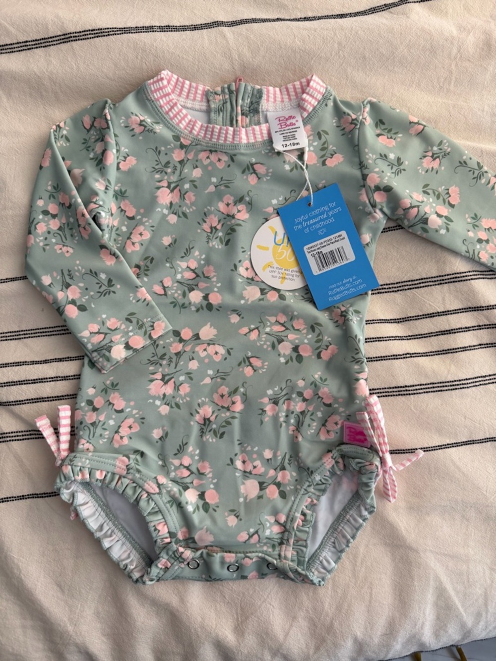Ruffle Butts Sage Green and Pink Floral Long-Sleeve Rashguard. NEW WITH TAGS